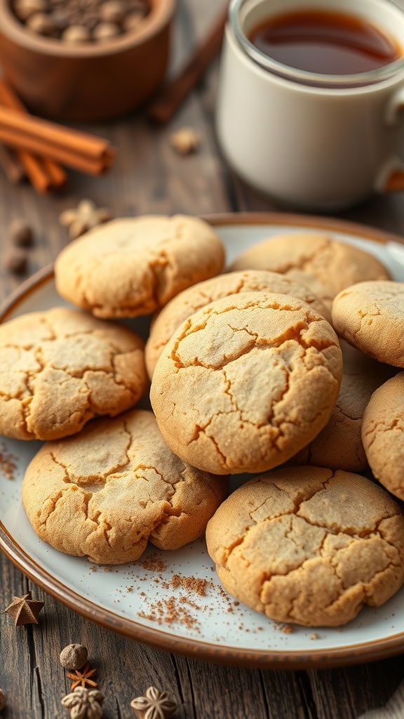 A plate of chai-spiced cookies with a cup of chai tea in the background.